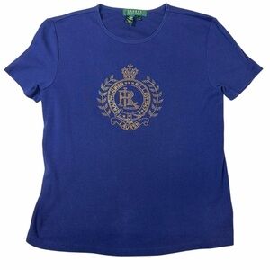 Lauren Ralph Lauren Navy Embellished Crest Logo Babydoll Tee Women’s Small